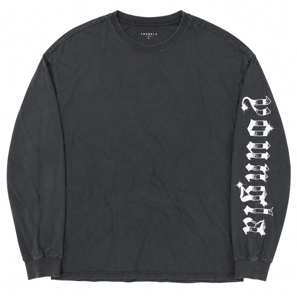 YoungLA T-Shirt Mens XL Old English Font Grey Faded Graphic Tee Long Sleeve
